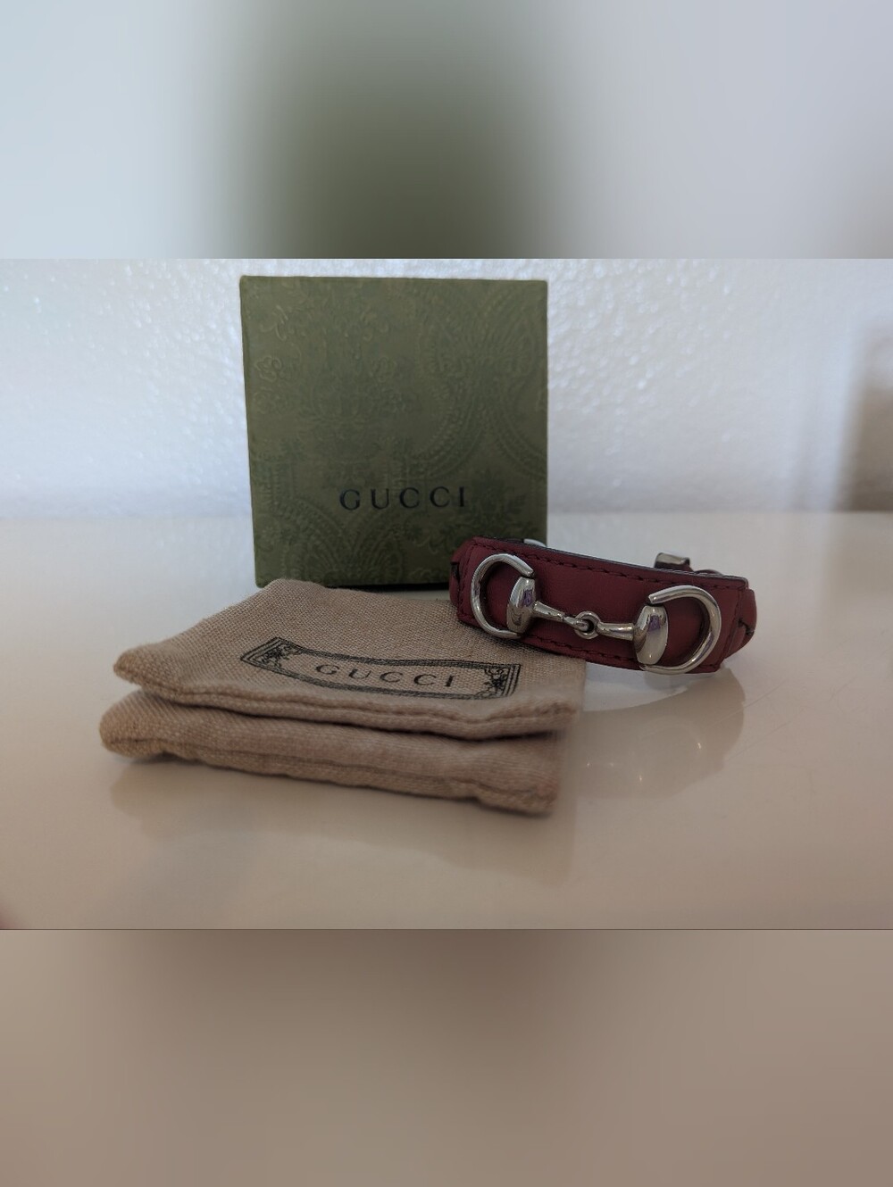 Gucci Red Leather Braided Horsebut Bracelet Like New